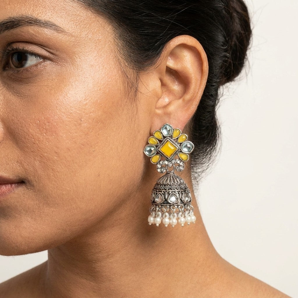 Oxidised Silver-Plated Yellow Stone & Pearl Drop Ethnic Jhumka Earrings