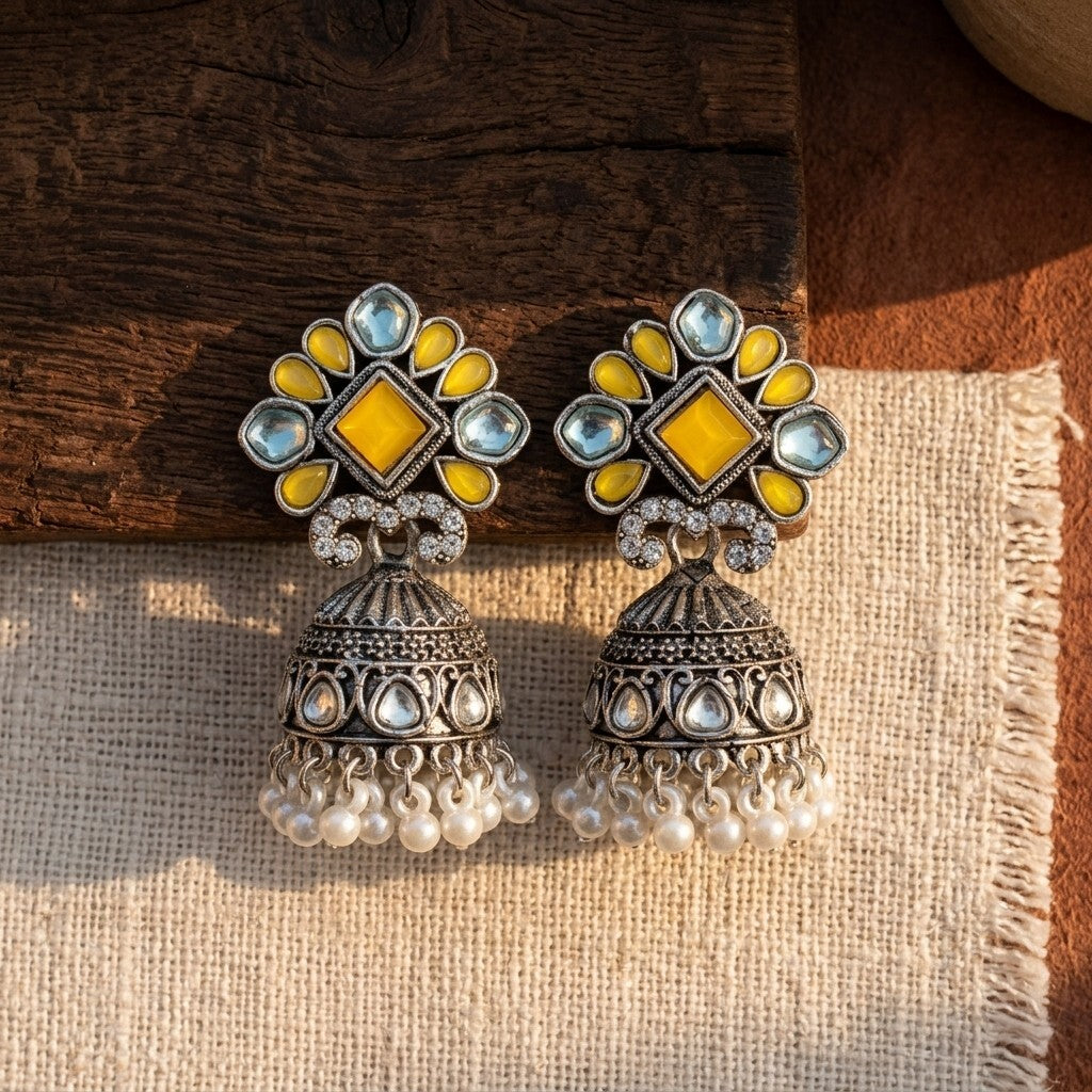 Oxidised Silver-Plated Yellow Stone & Pearl Drop Ethnic Jhumka Earrings