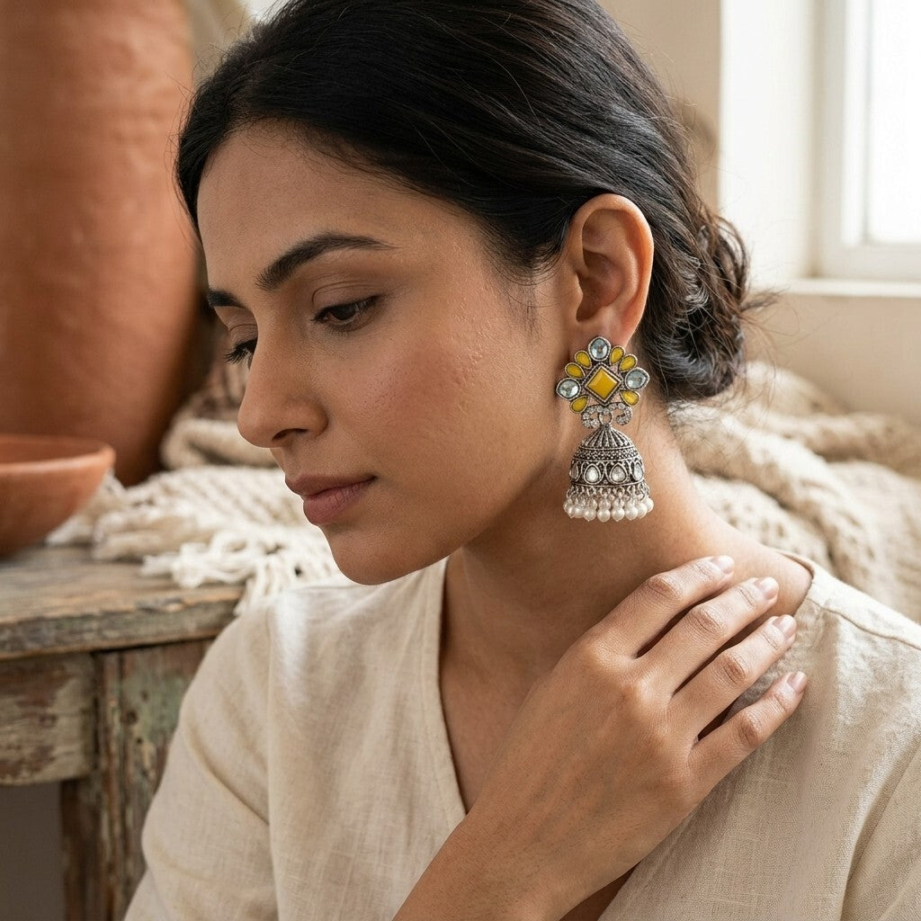 Oxidised Silver-Plated Yellow Stone & Pearl Drop Ethnic Jhumka Earrings