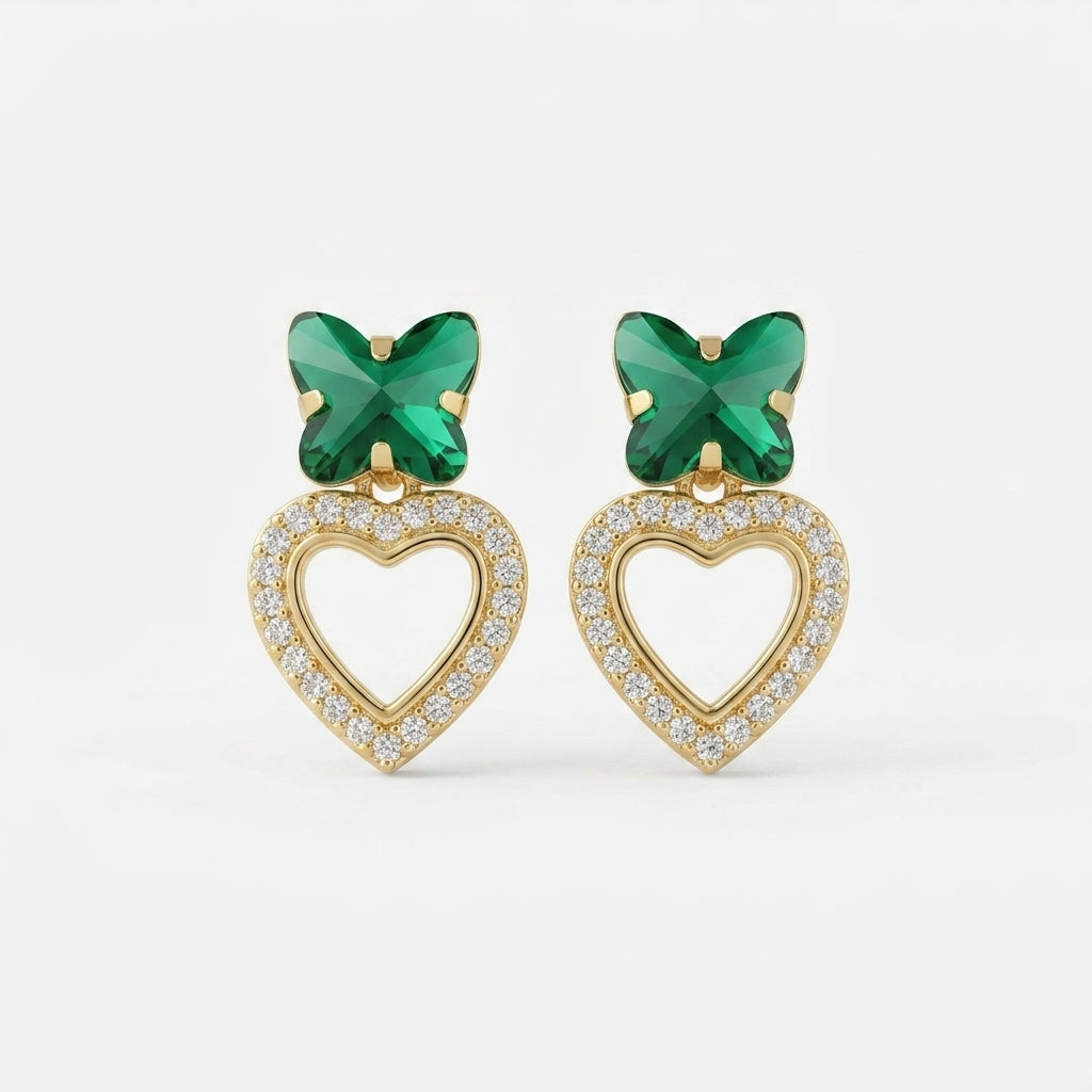 Butterfly Heart Earrings for Women | Gold Plated Party Wear Crystal Earrings