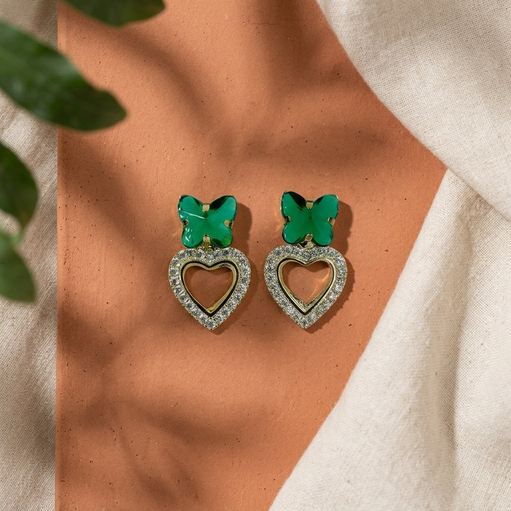 Butterfly Heart Earrings for Women | Gold Plated Party Wear Crystal Earrings