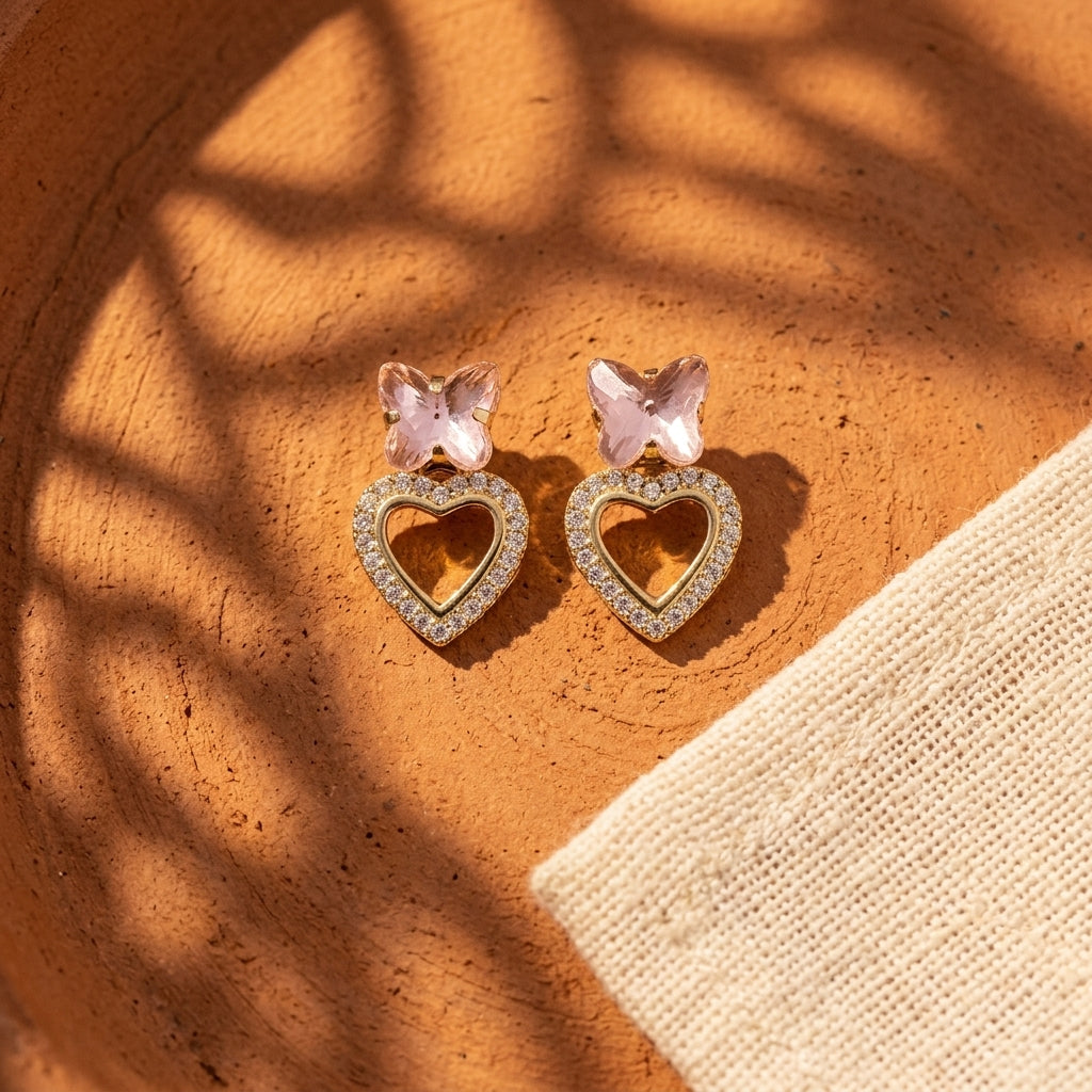 Butterfly Heart Earrings for Women | Gold Plated Party Wear Crystal Earrings