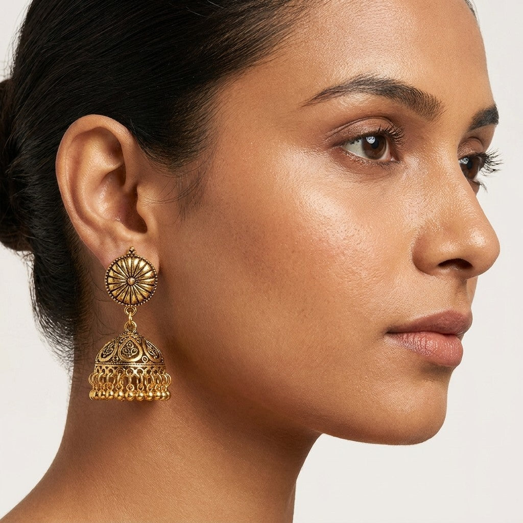 Antique Gold Plated Traditional Jhumka Earrings for Women