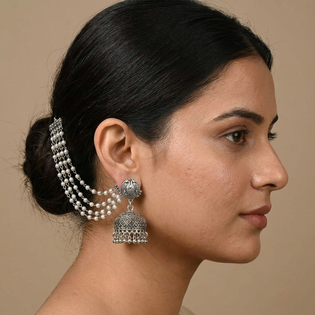 Silver Oxidised Pearl Chain Jhumka Earrings for Women