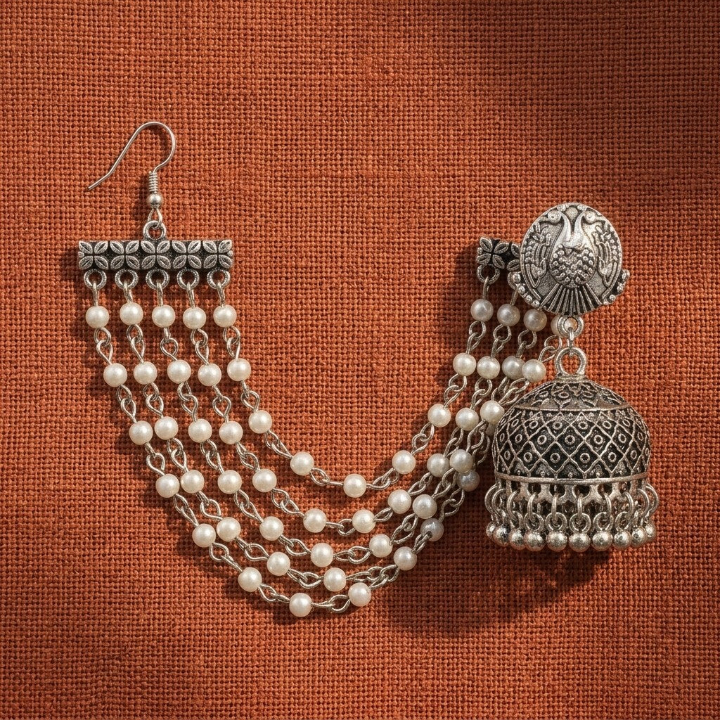 Silver Oxidised Pearl Chain Jhumka Earrings for Women