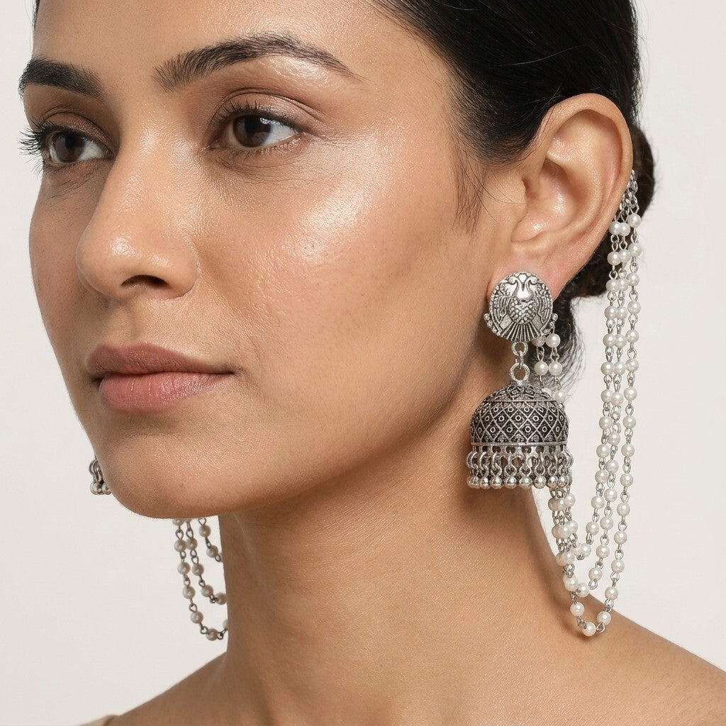 Silver Oxidised Pearl Chain Jhumka Earrings for Women