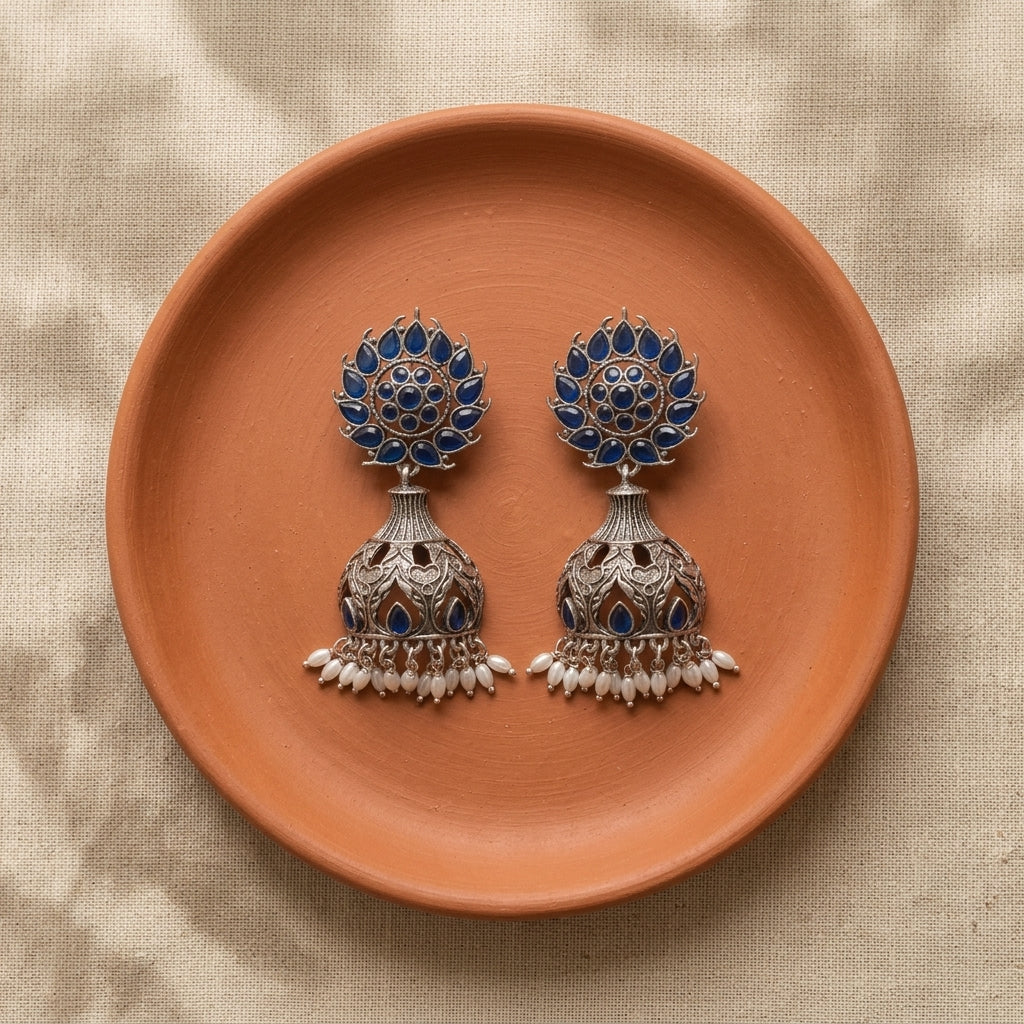 Silver-Toned Blue Stone Oxidised Jhumka Earrings with Pearl Drops for Women
