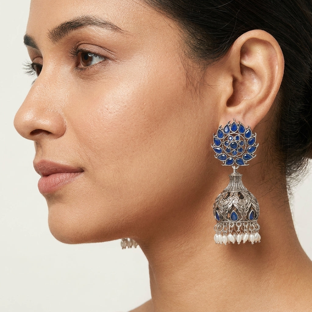 Silver-Toned Blue Stone Oxidised Jhumka Earrings with Pearl Drops for Women