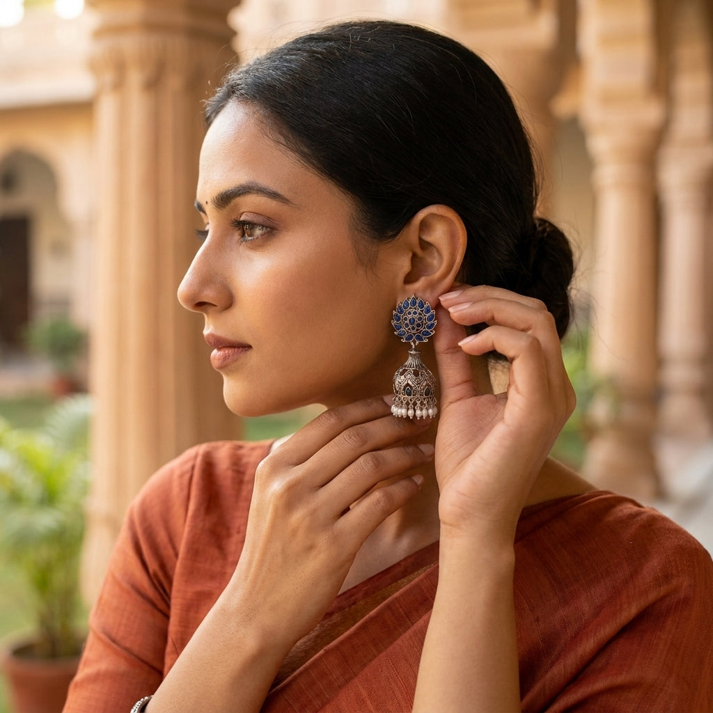 Silver-Toned Blue Stone Oxidised Jhumka Earrings with Pearl Drops for Women