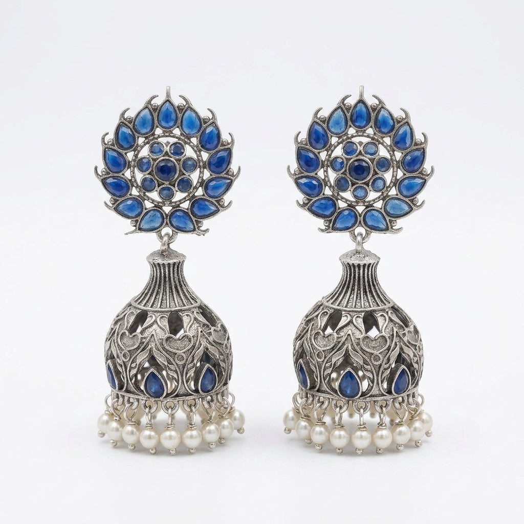 Silver-Toned Blue Stone Oxidised Jhumka Earrings with Pearl Drops for Women