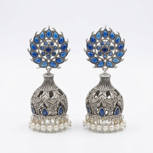 Silver-Toned Blue Stone Oxidised Jhumka Earrings with Pearl Drops for Women