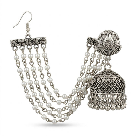 Silver Oxidised Pearl Chain Jhumka Earrings for Women
