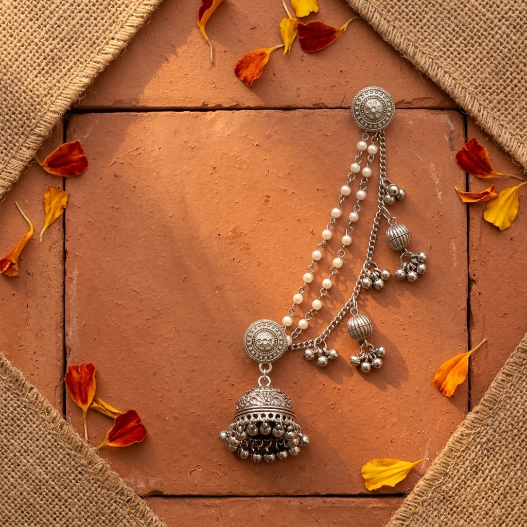 Traditional Oxidised Silver Jhumka Ear Chain Earrings for Women