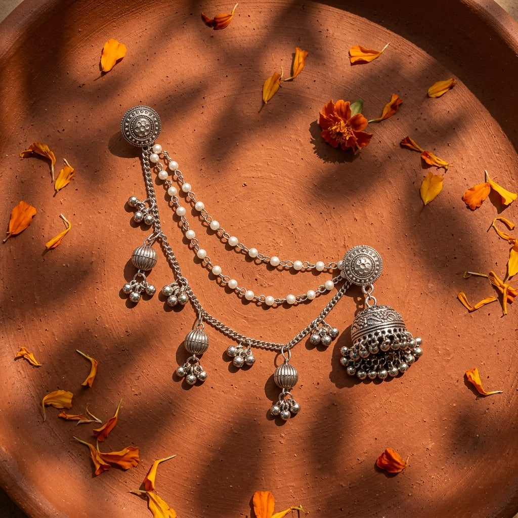 Traditional Oxidised Silver Jhumka Ear Chain Earrings for Women
