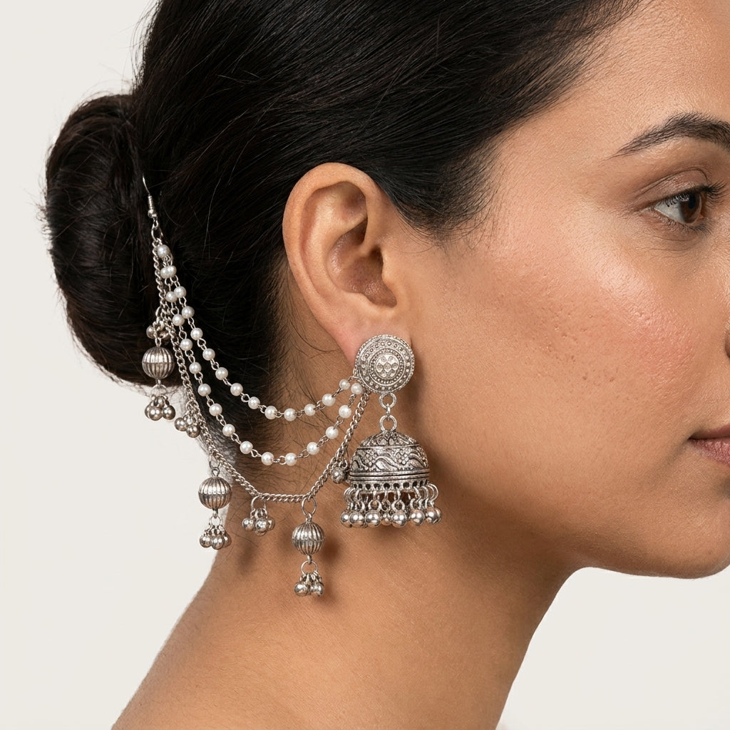 Traditional Oxidised Silver Jhumka Ear Chain Earrings for Women