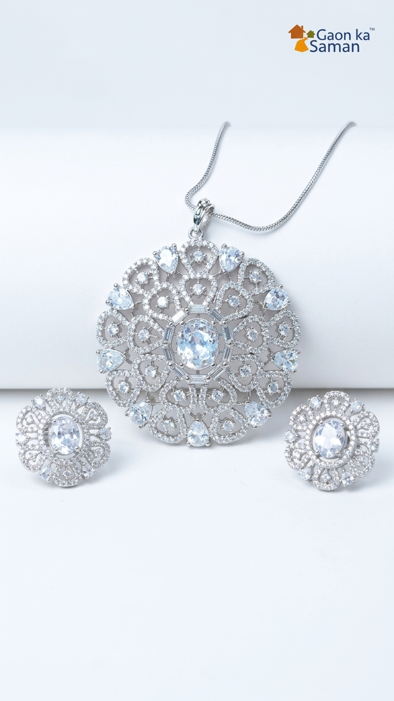 Diamond Pendant Set, Cz Pendant With Chain And Earrings Replica American Diamond Set
