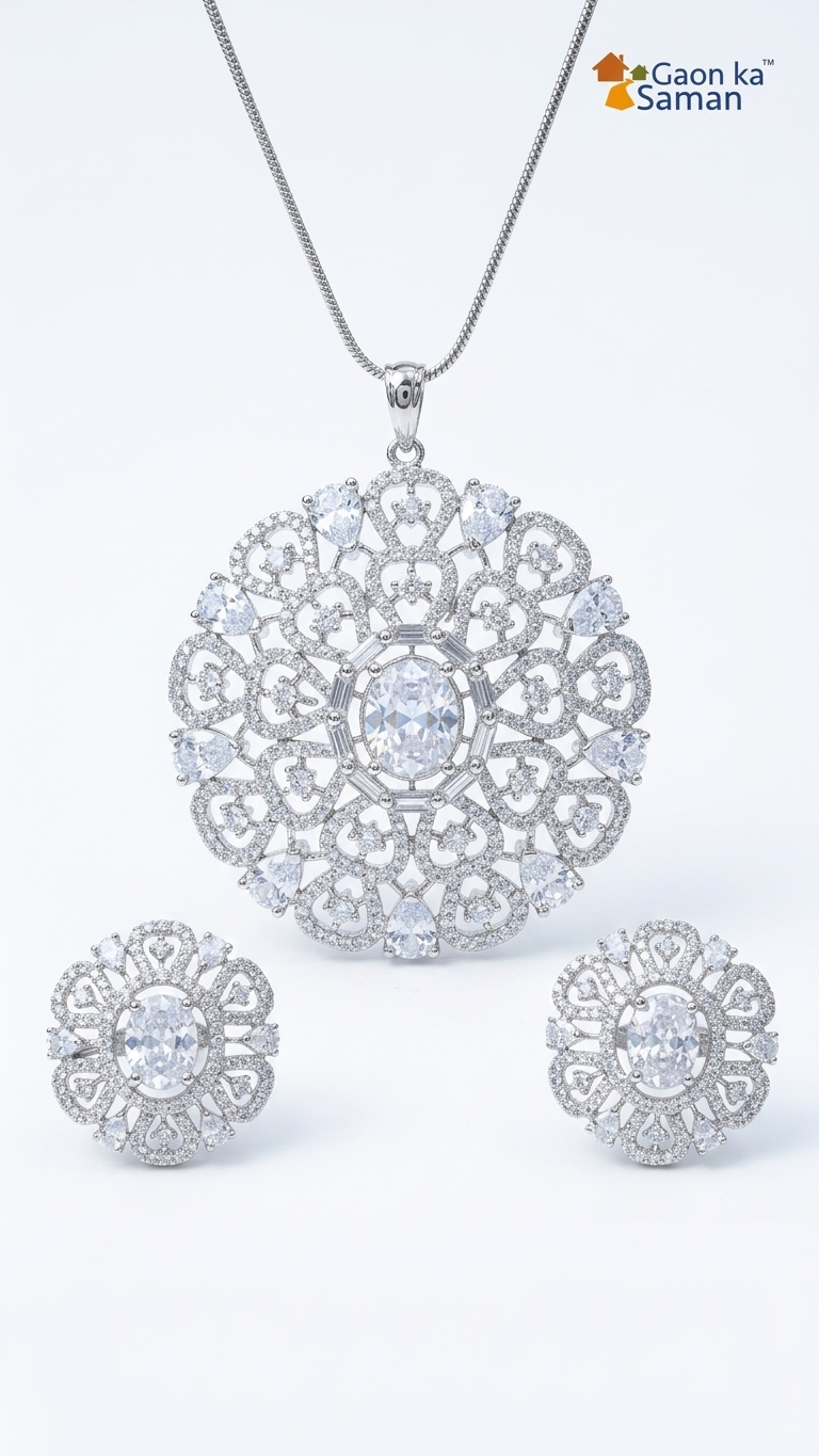 Diamond Pendant Set, Cz Pendant With Chain And Earrings Replica American Diamond Set